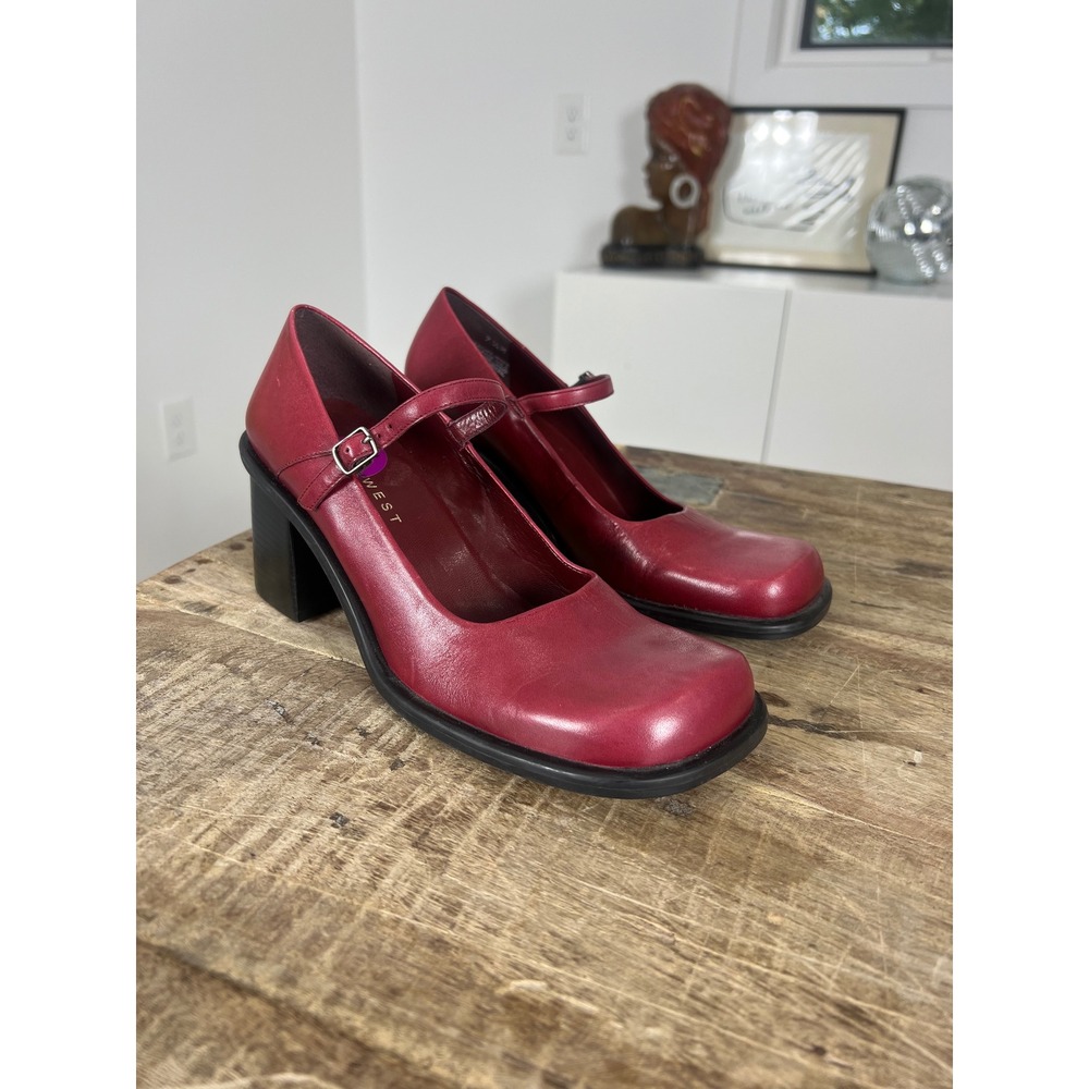 Nine West Vintage Red Leather Mary Jane Block Heel Square Toe Pumps 7.5M Brazil